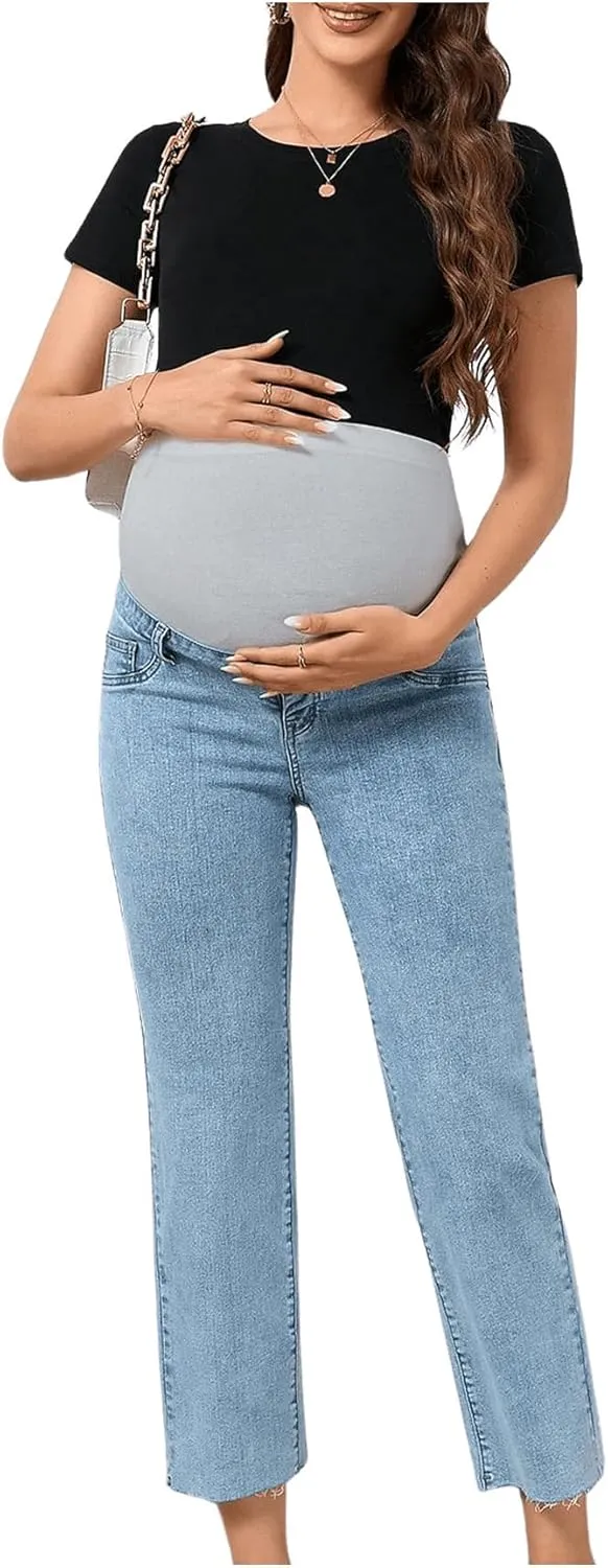 SHENHE Women's Maternity Jeans Over Belly High Waist Raw Hem Comfy Stretch Jean Denim Pants
