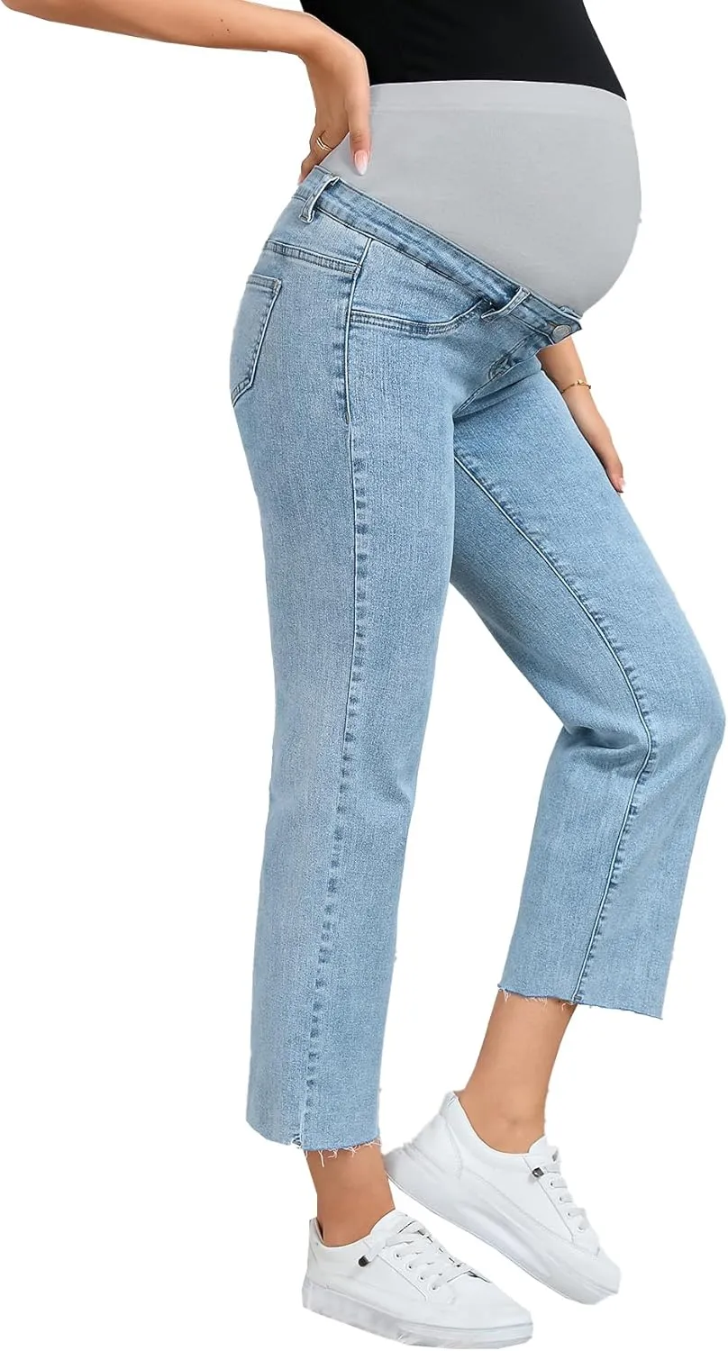 SHENHE Women's Maternity Jeans Over Belly High Waist Raw Hem Comfy Stretch Jean Denim Pants