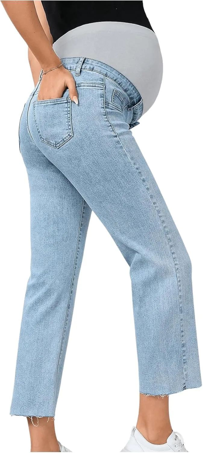 SHENHE Women's Maternity Jeans Over Belly High Waist Raw Hem Comfy Stretch Jean Denim Pants
