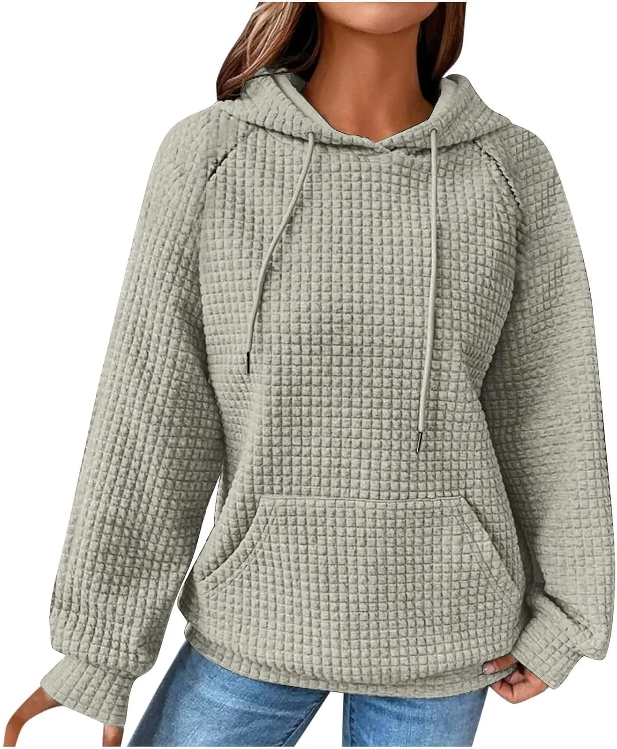 SHOPESSA Women Pullover Hoodie Sweatshirt Waffle-Knit Shacket Hooded Loose Fit Lightweight Jacket Long Sleeve Boyfriend Shirt