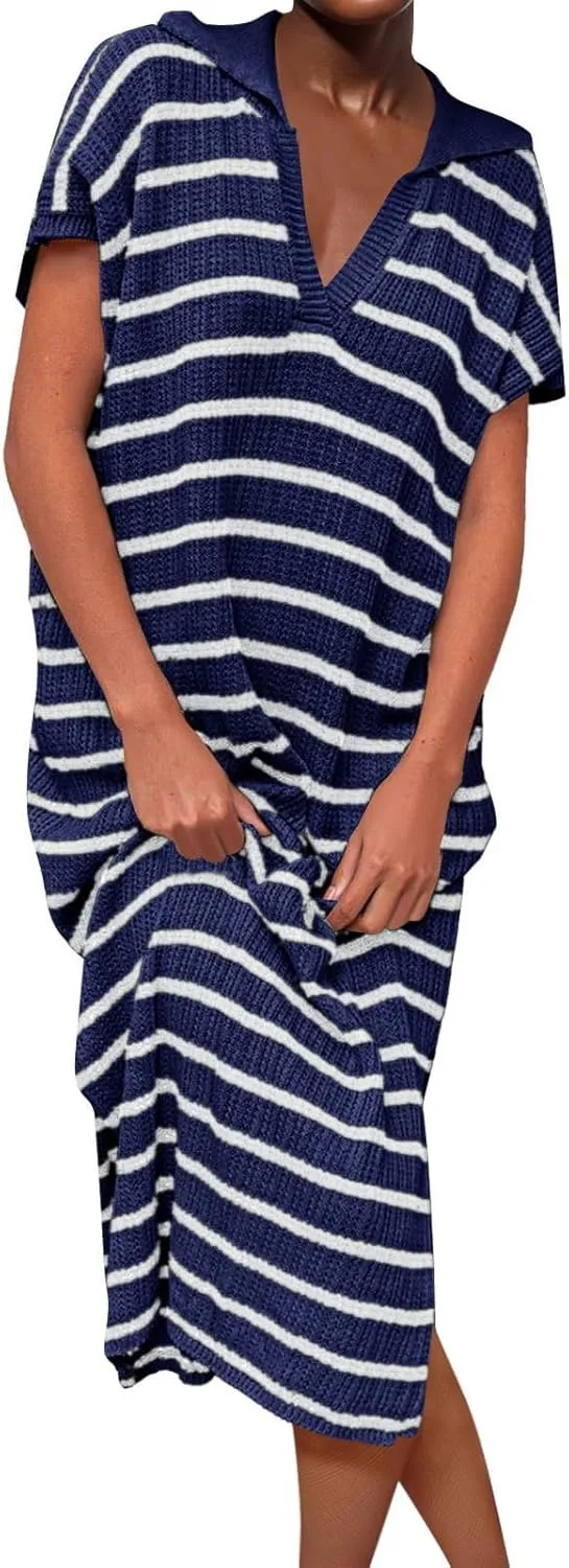 Short Sleeve Dress for Women V Neck Knitted Sweater Striped Side Slit Summer Sundress Casual Holiday Long Dresses