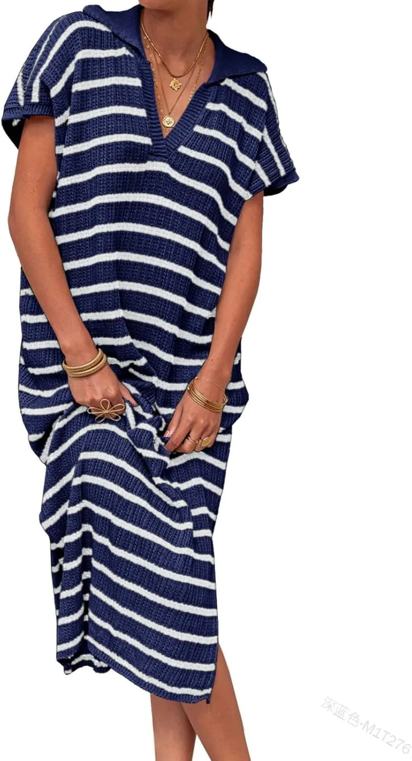 Short Sleeve Dress for Women V Neck Knitted Sweater Striped Side Slit Summer Sundress Casual Holiday Long Dresses