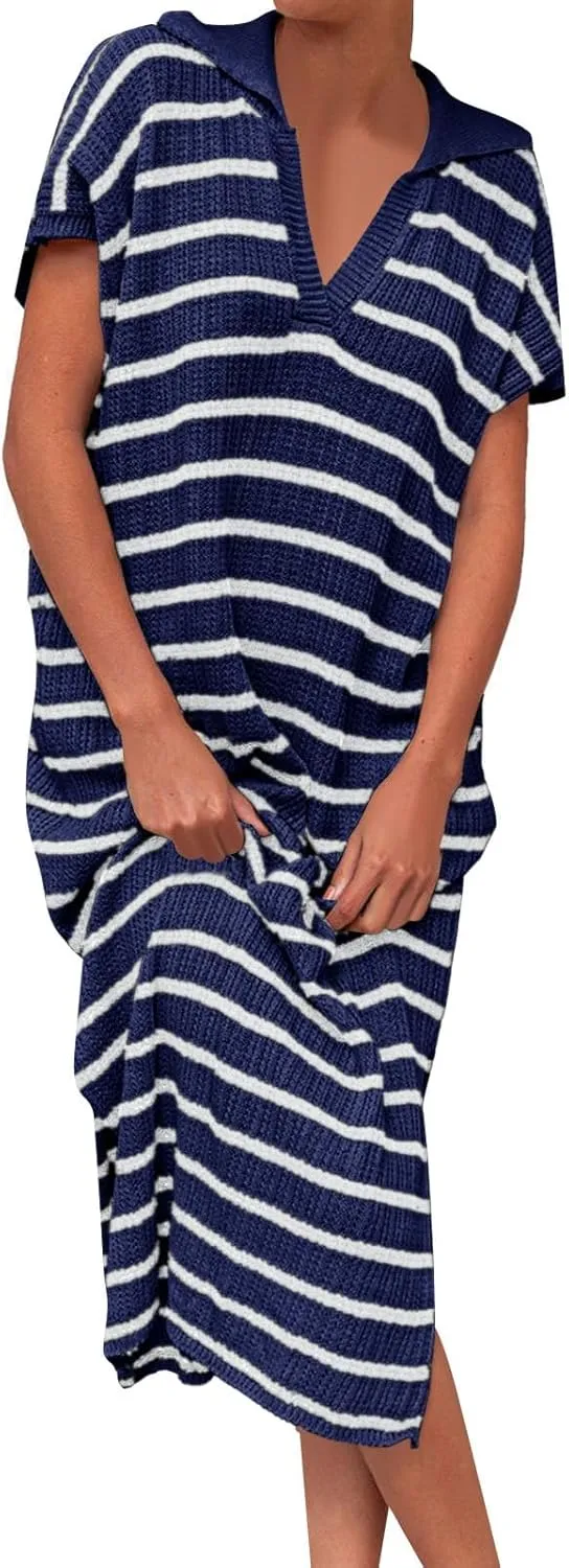 Short Sleeve Dress for Women V Neck Knitted Sweater Striped Side Slit Summer Sundress Casual Holiday Long Dresses