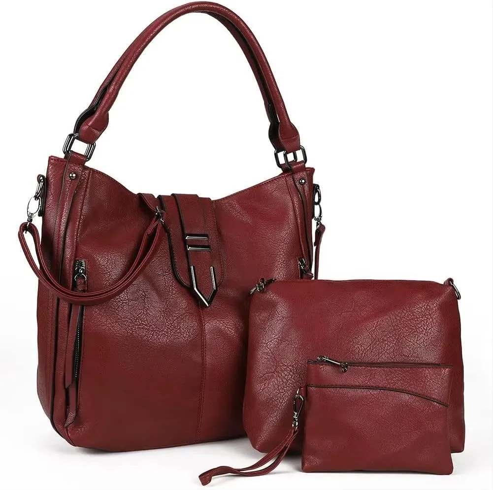 Shoulder Bag for Women Vintage PU Leather Crossbody Purse Casual Hobo Tote Bag Large Work Handbag Purse Set 3pcs