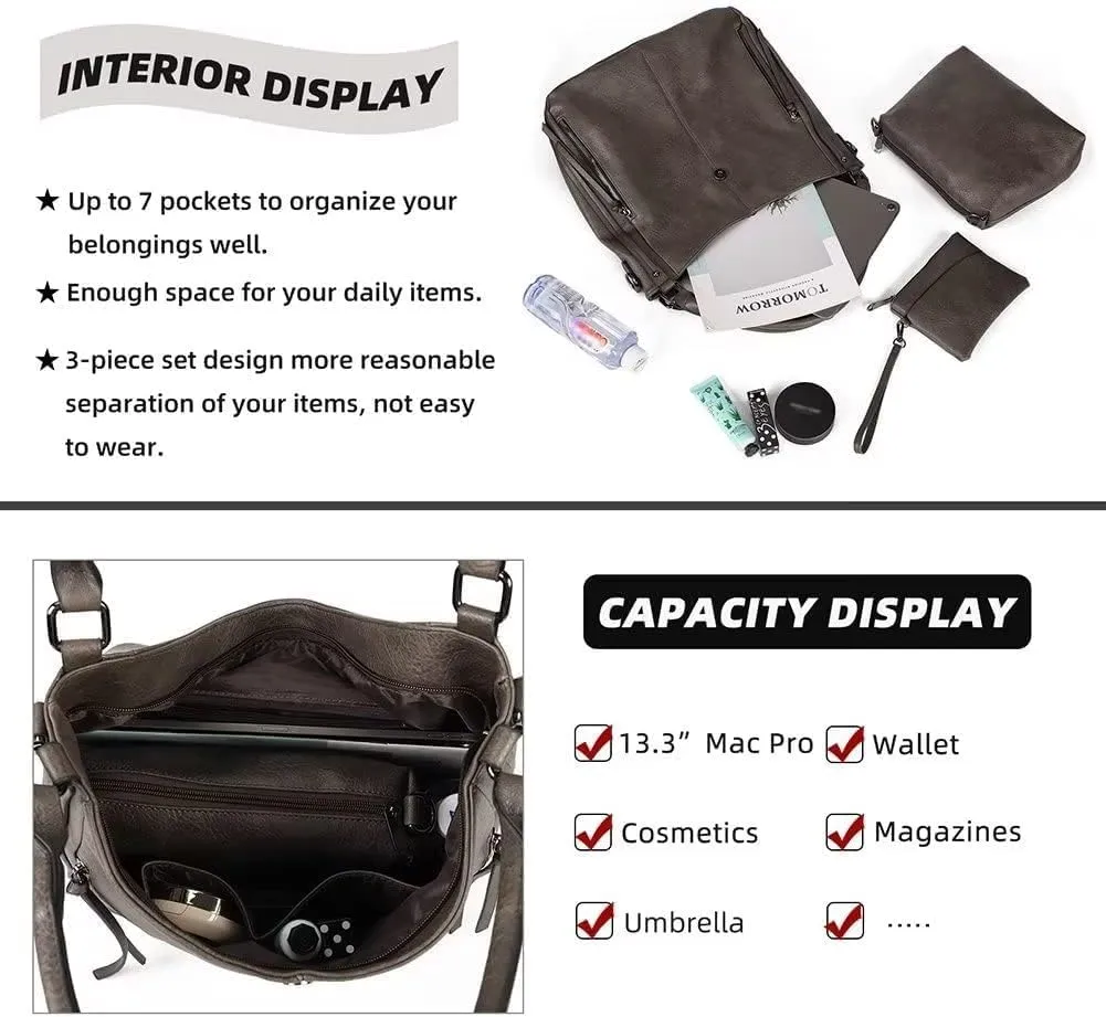 Shoulder Bag for Women Vintage PU Leather Crossbody Purse Casual Hobo Tote Bag Large Work Handbag Purse Set 3pcs