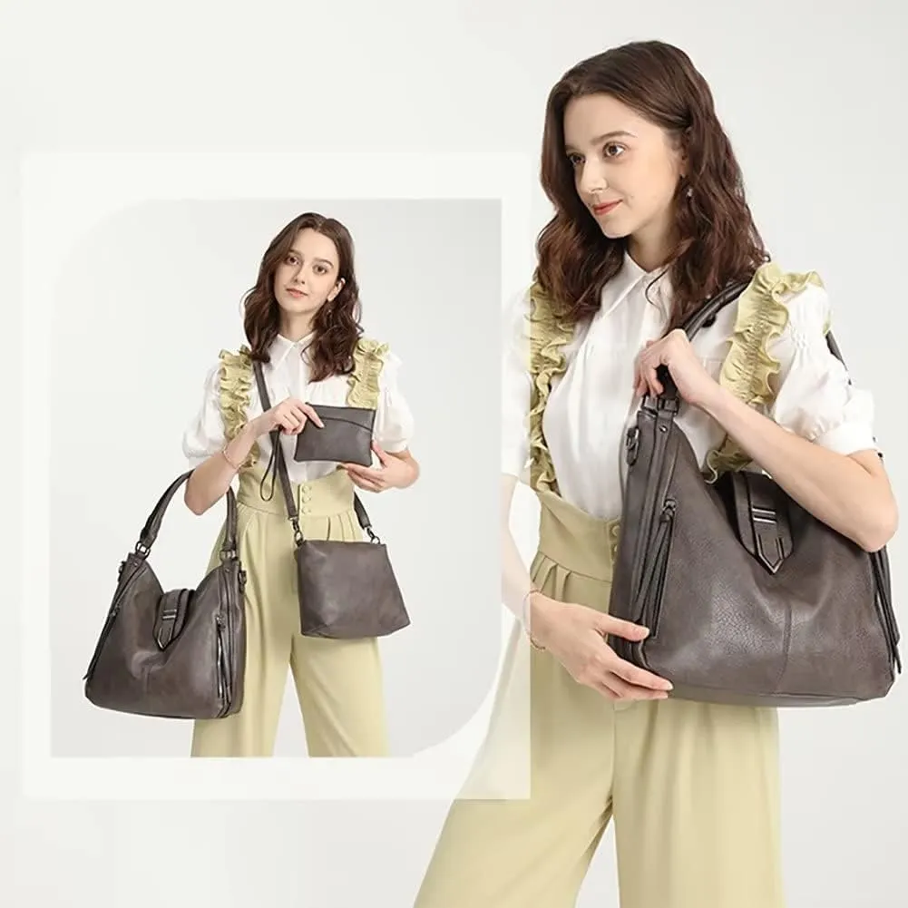 Shoulder Bag for Women Vintage PU Leather Crossbody Purse Casual Hobo Tote Bag Large Work Handbag Purse Set 3pcs