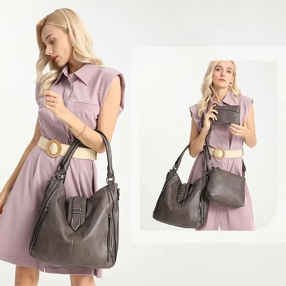 Shoulder Bag for Women Vintage PU Leather Crossbody Purse Casual Hobo Tote Bag Large Work Handbag Purse Set 3pcs