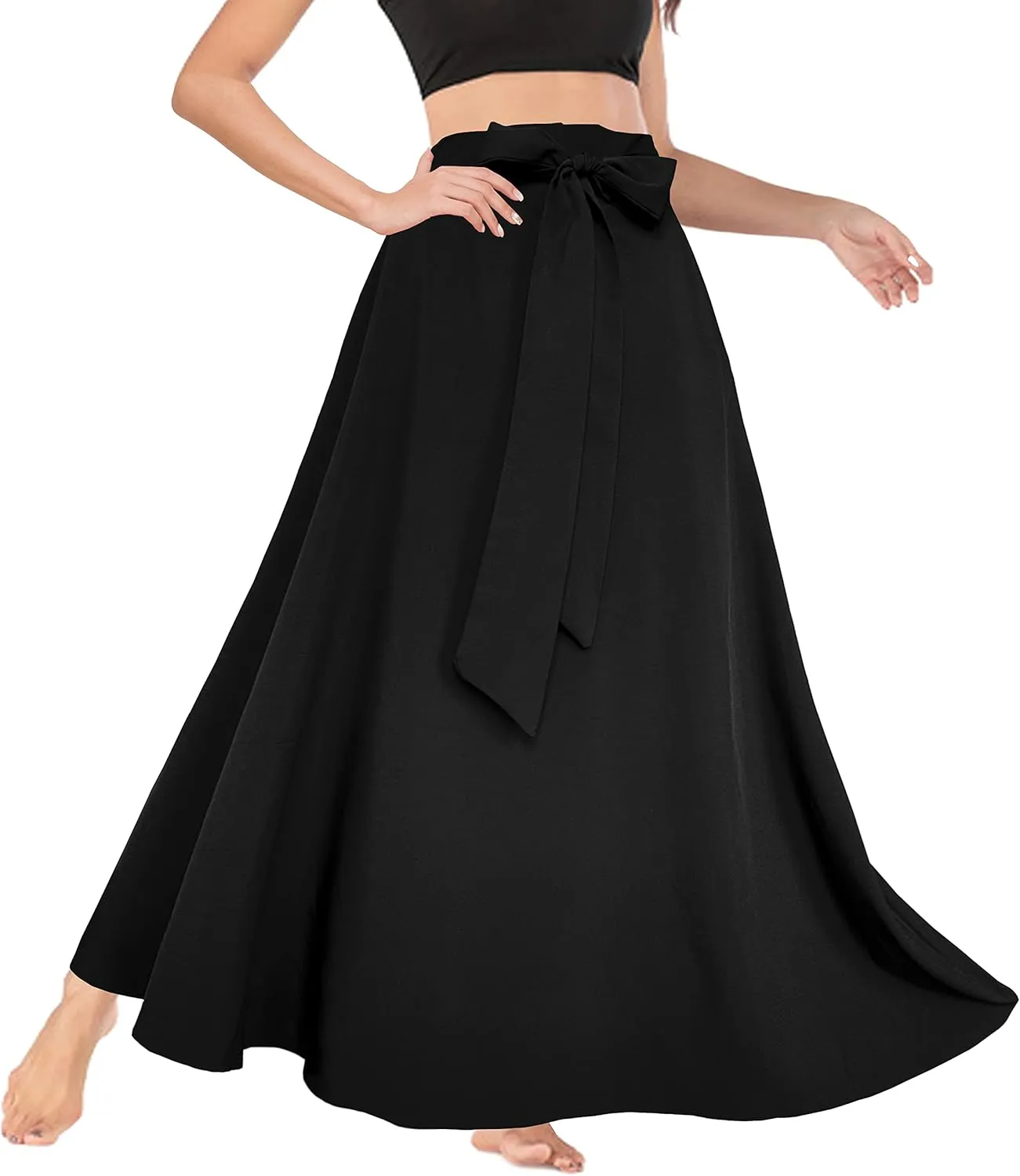 Sinono Womens High Waist Skirt Tie Front Pleated A-line Flowy Long Maxi Skirt with Pockets