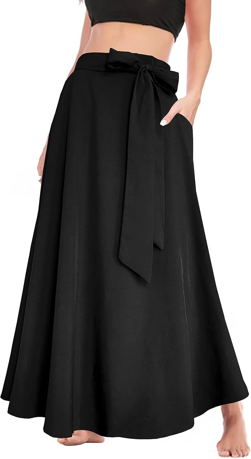 Sinono Womens High Waist Skirt Tie Front Pleated A-line Flowy Long Maxi Skirt with Pockets