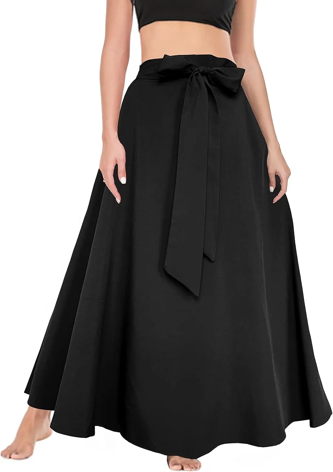 Sinono Womens High Waist Skirt Tie Front Pleated A-line Flowy Long Maxi Skirt with Pockets