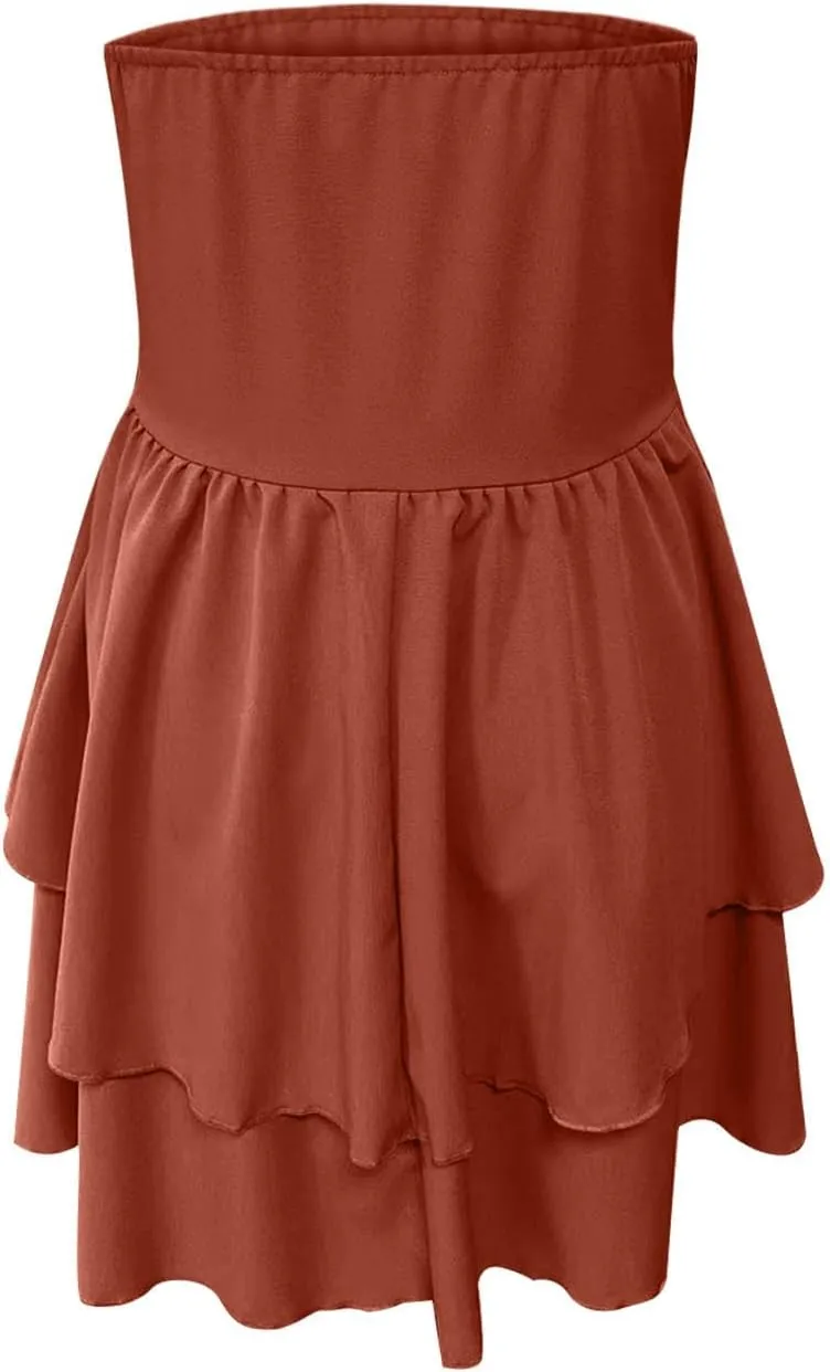 Sinzelimin Womens Sexy Bandeau Mini Dresses Fashion Solid Layered Ruffles Pleated A-Line Short Dress Summer Beach Sundress