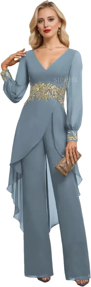 SIPUHK 2 PCs Pant Suits for Women Dressy Gold Applique Outfit Chiffon Long Sleeve Mother of The Bride Pantsuit for Wedding