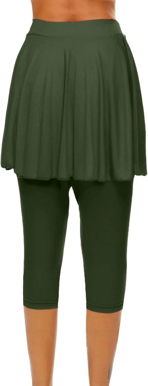 Skirted Leggings for Women High Waist Knee Length Golf Tennis Capri Yoga Pants Pleated Skirt Athletic Running Skorts
