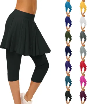 Skirted Leggings for Women High Waist Knee Length Golf Tennis Capri Yoga Pants Pleated Skirt Athletic Running Skorts