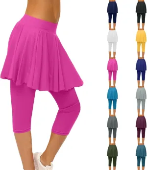 Skirted Leggings for Women High Waist Knee Length Golf Tennis Capri Yoga Pants Pleated Skirt Athletic Running Skorts