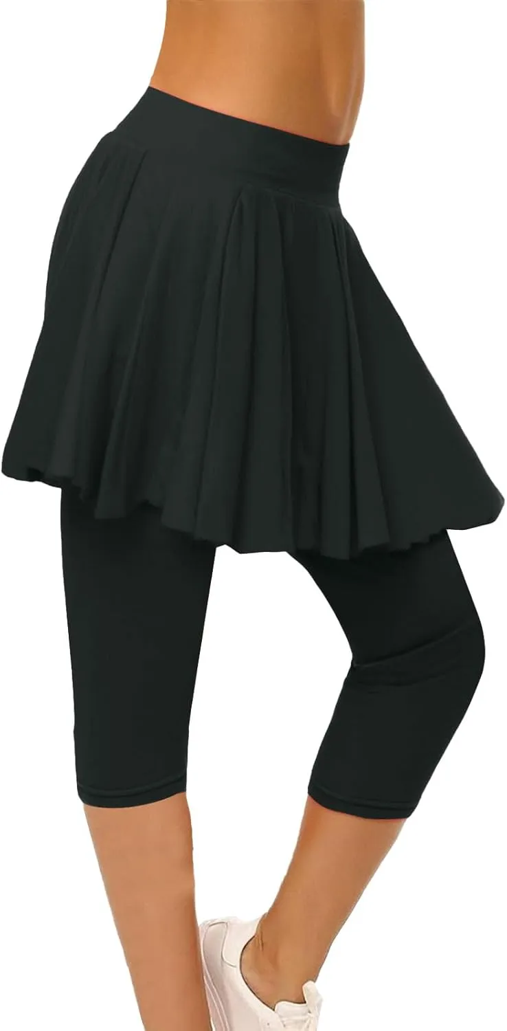 Skirted Leggings for Women High Waist Knee Length Golf Tennis Capri Yoga Pants Pleated Skirt Athletic Running Skorts