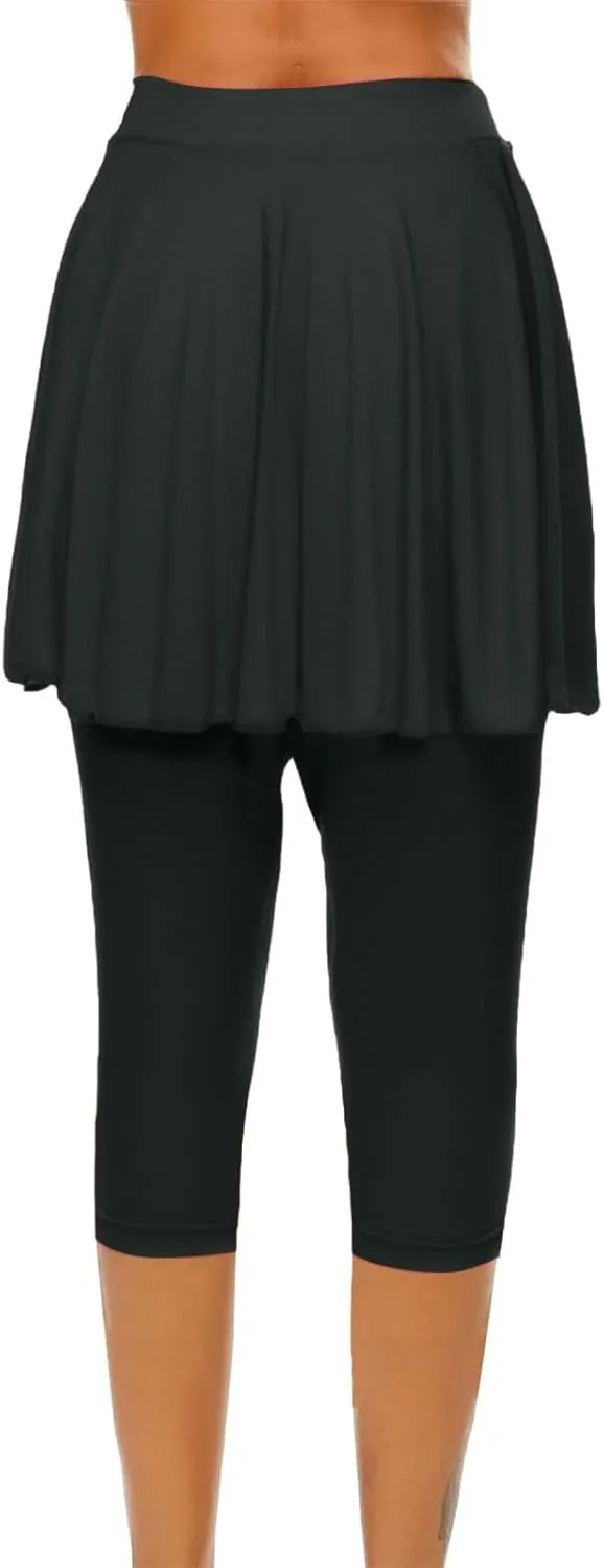 Skirted Leggings for Women High Waist Knee Length Golf Tennis Capri Yoga Pants Pleated Skirt Athletic Running Skorts