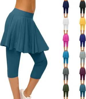 Skirted Leggings for Women High Waist Knee Length Golf Tennis Capri Yoga Pants Pleated Skirt Athletic Running Skorts