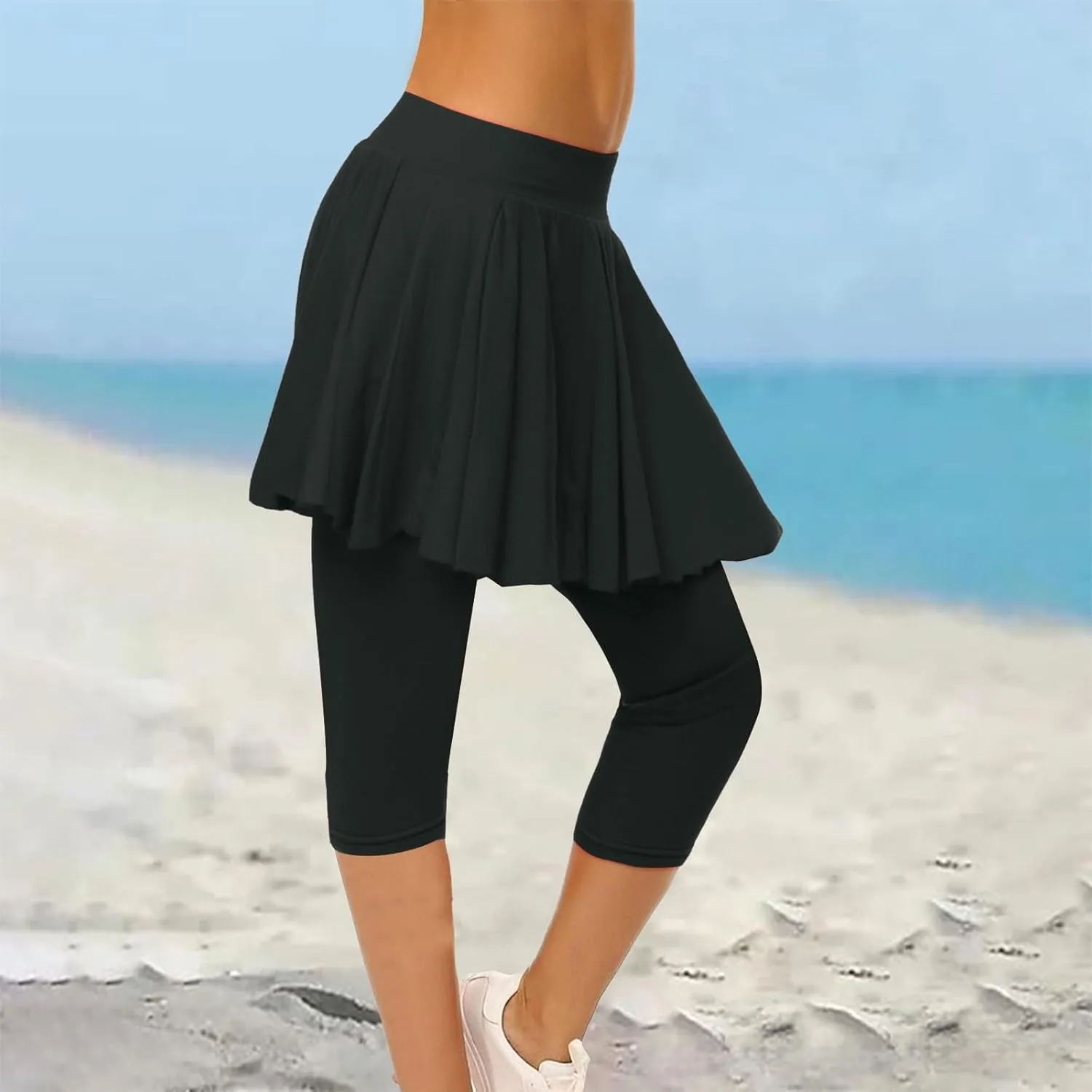 Skirted Leggings for Women High Waist Knee Length Golf Tennis Capri Yoga Pants Pleated Skirt Athletic Running Skorts