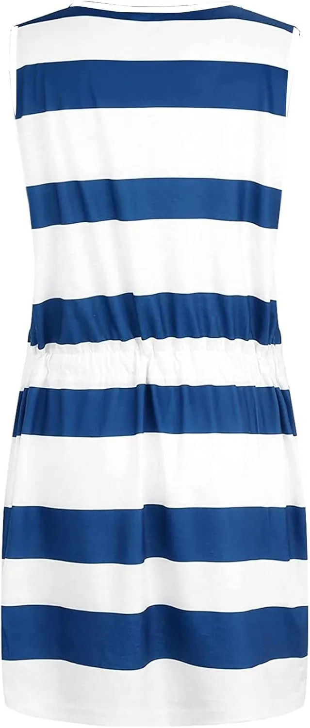 Slimming Dresses for Curvy Women Causal Summer 2024 Sleeveless Tank Dress Sexy v Neck Striped Mini Dress with Pockets