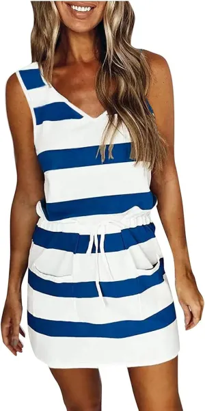 Slimming Dresses for Curvy Women Causal Summer 2024 Sleeveless Tank Dress Sexy v Neck Striped Mini Dress with Pockets
