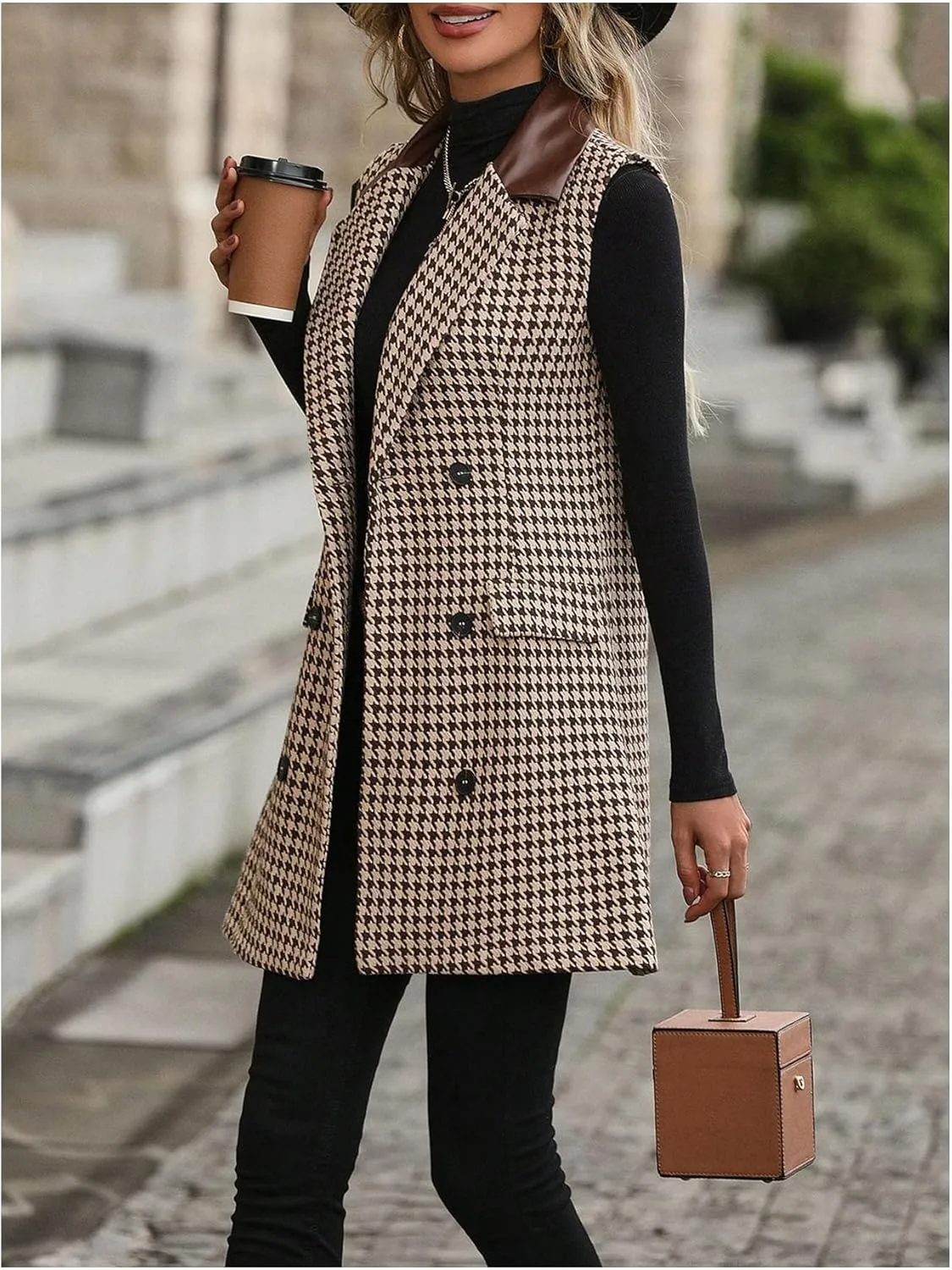 SOLY HUX Women's Houndstooth Print Blazer Button Down Long Vest Top Sleeveless Cardigan Jacket with Pockets