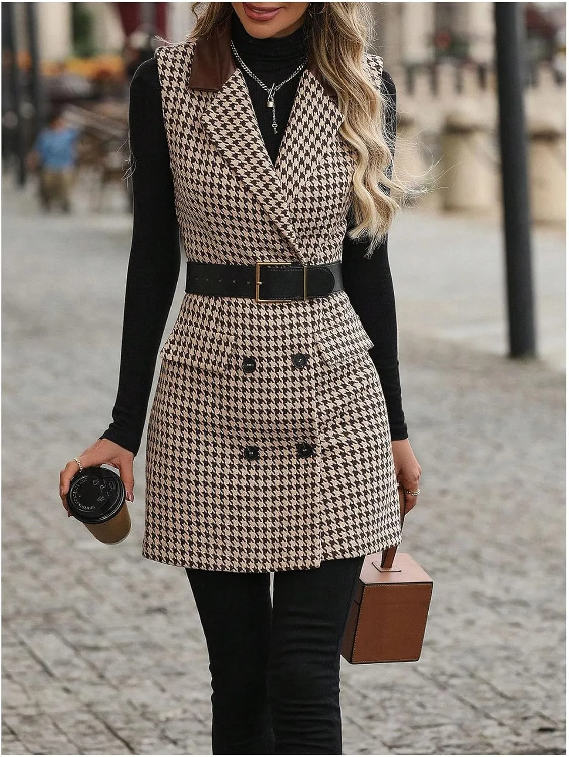 SOLY HUX Women's Houndstooth Print Blazer Button Down Long Vest Top Sleeveless Cardigan Jacket with Pockets