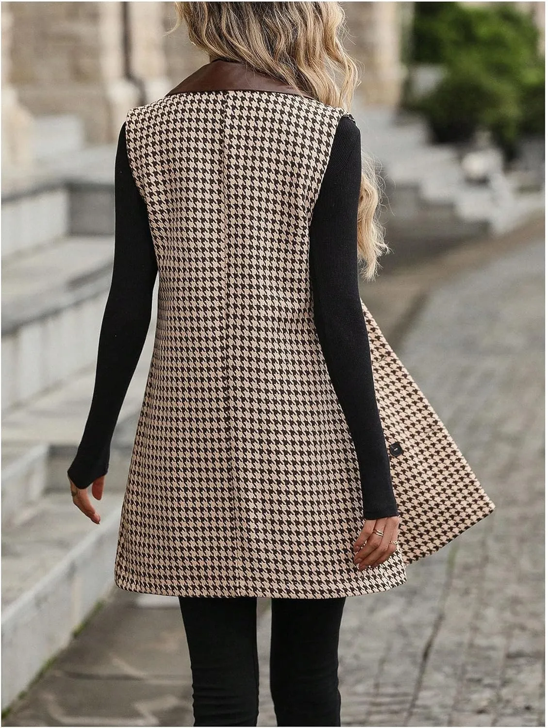 SOLY HUX Women's Houndstooth Print Blazer Button Down Long Vest Top Sleeveless Cardigan Jacket with Pockets