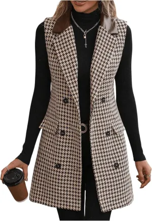 SOLY HUX Women's Houndstooth Print Blazer Button Down Long Vest Top Sleeveless Cardigan Jacket with Pockets