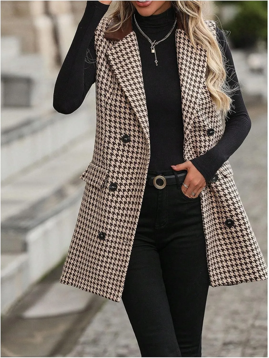 SOLY HUX Women's Houndstooth Print Blazer Button Down Long Vest Top Sleeveless Cardigan Jacket with Pockets