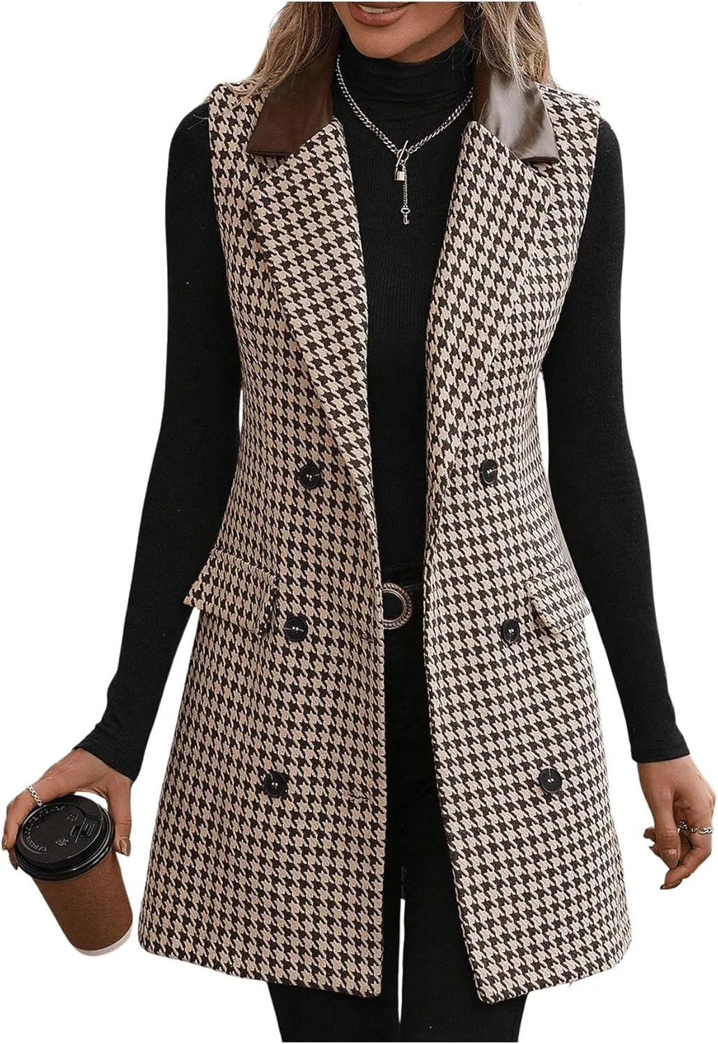 SOLY HUX Women's Houndstooth Print Blazer Button Down Long Vest Top Sleeveless Cardigan Jacket with Pockets