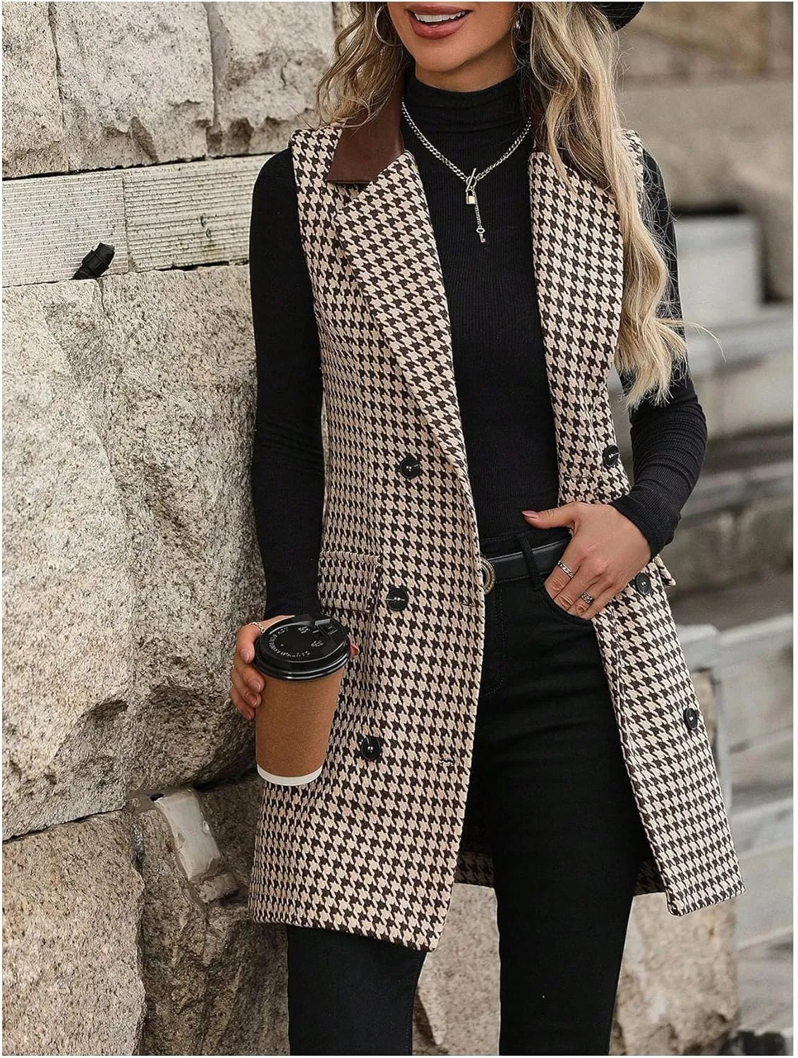 SOLY HUX Women's Houndstooth Print Blazer Button Down Long Vest Top Sleeveless Cardigan Jacket with Pockets