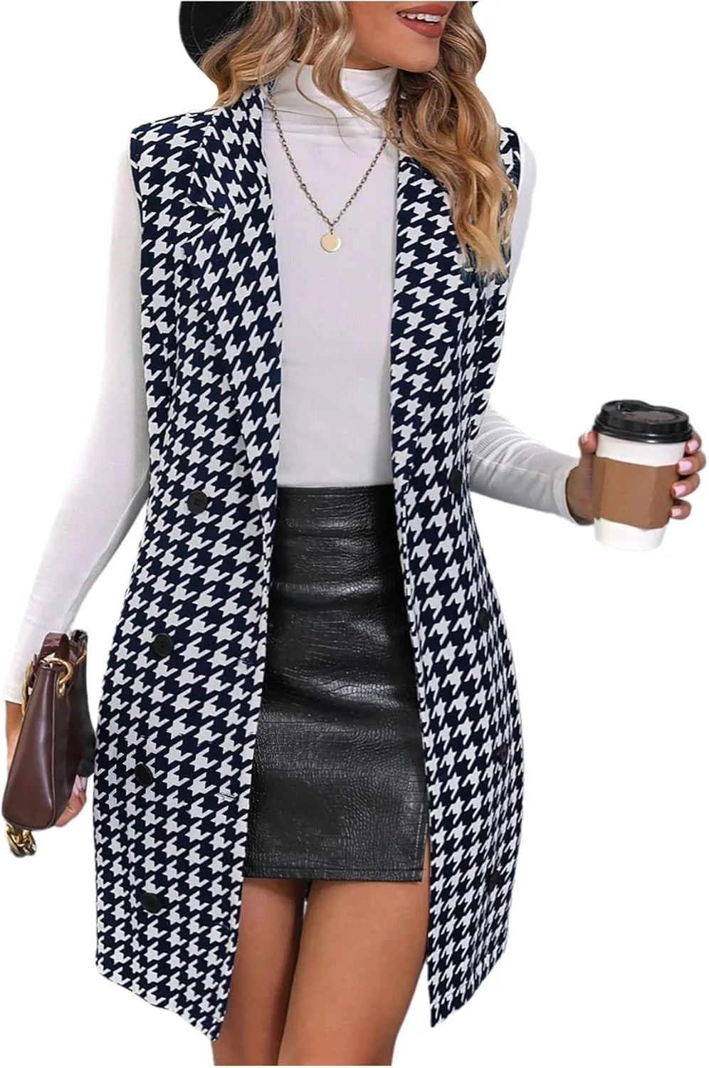 SOLY HUX Women's Plaid Houndstooth Print Blazer Long Vest Top Sleeveless Cardigan Jacket