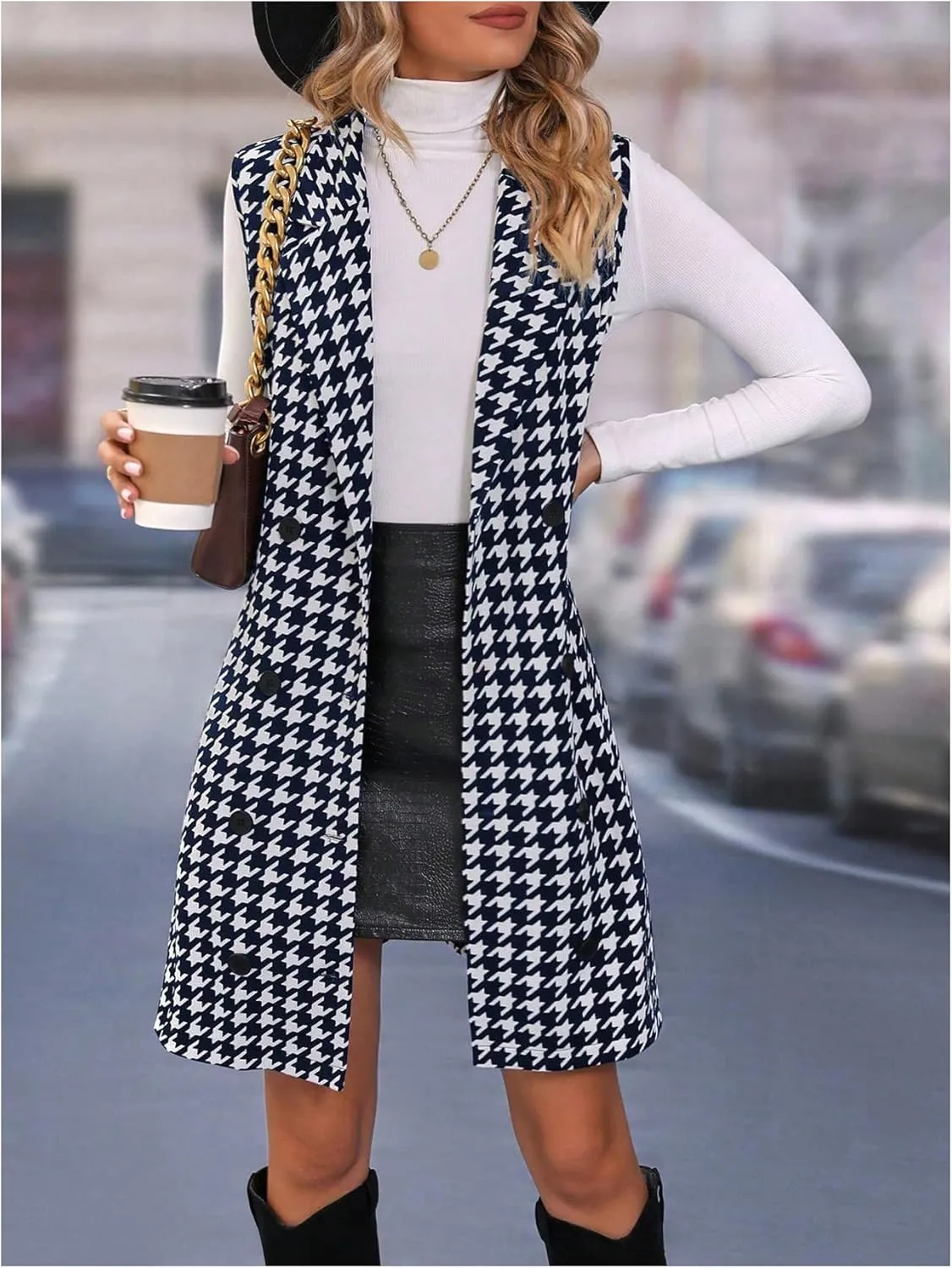 SOLY HUX Women's Plaid Houndstooth Print Blazer Long Vest Top Sleeveless Cardigan Jacket