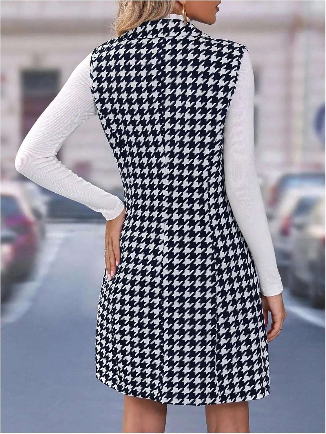 SOLY HUX Women's Plaid Houndstooth Print Blazer Long Vest Top Sleeveless Cardigan Jacket
