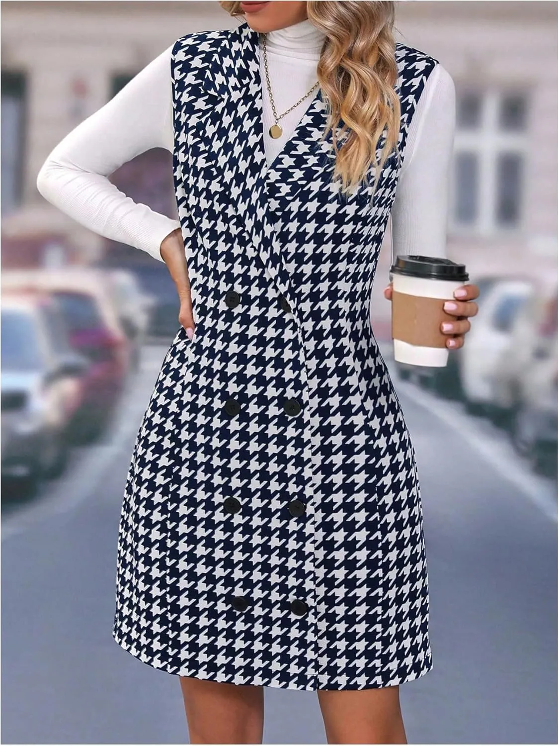 SOLY HUX Women's Plaid Houndstooth Print Blazer Long Vest Top Sleeveless Cardigan Jacket