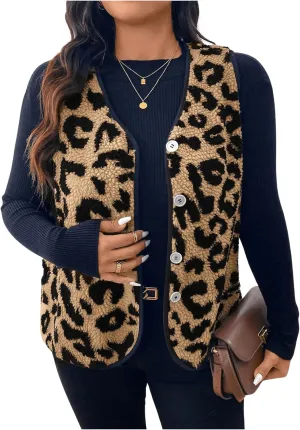 SOLY HUX Women's Plus Size Faux Fur Leopard Print V Neck Sleeveless Button Front Vest Jacket