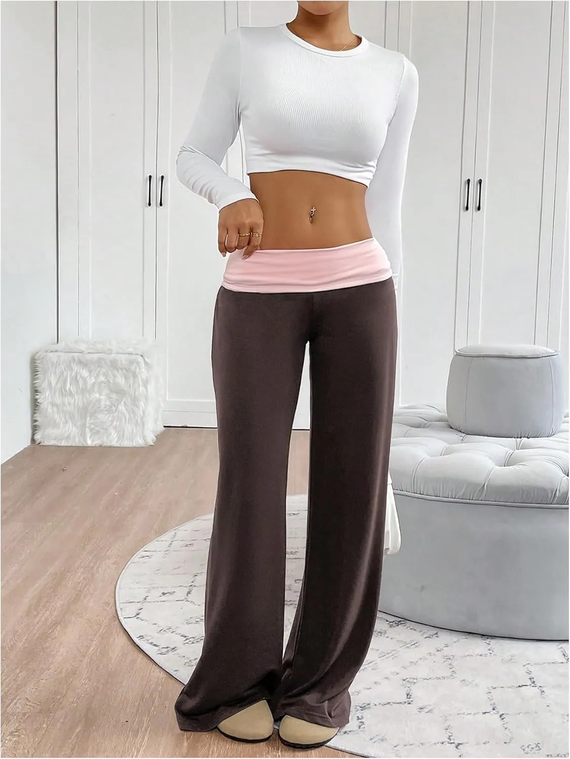 SOLY HUX Women's Sweatpants Color Block Low Rise Fold Over Waist Baggy Wide Leg Pants
