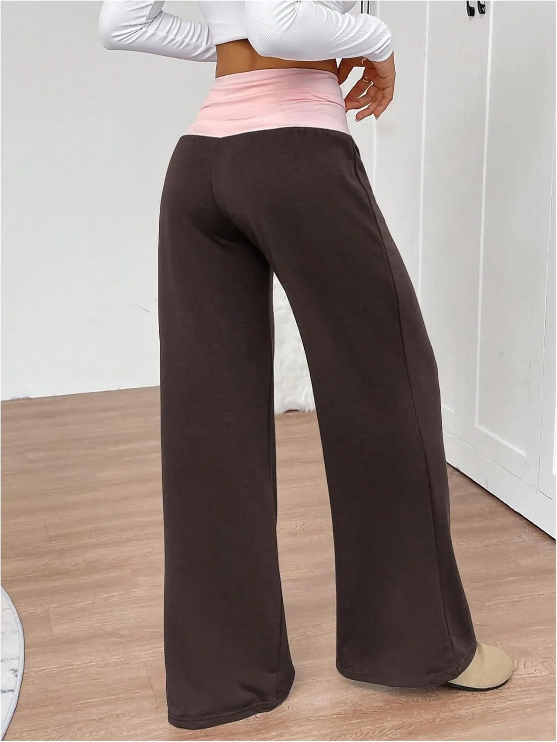 SOLY HUX Women's Sweatpants Color Block Low Rise Fold Over Waist Baggy Wide Leg Pants