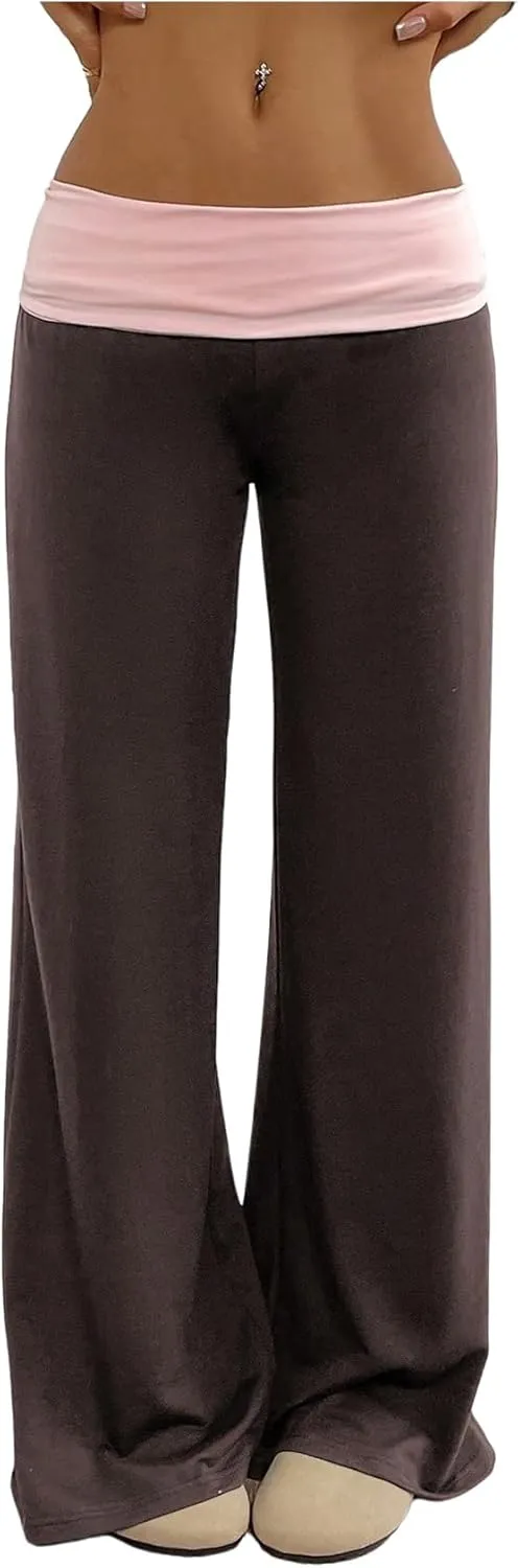 SOLY HUX Women's Sweatpants Color Block Low Rise Fold Over Waist Baggy Wide Leg Pants