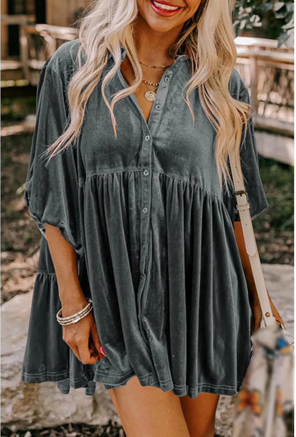 SOMTHRON Women's Velvet Babydoll Mini Dress Button Down T Shirt 3/4 Sleeve Lapel V Neck Tunic Tops