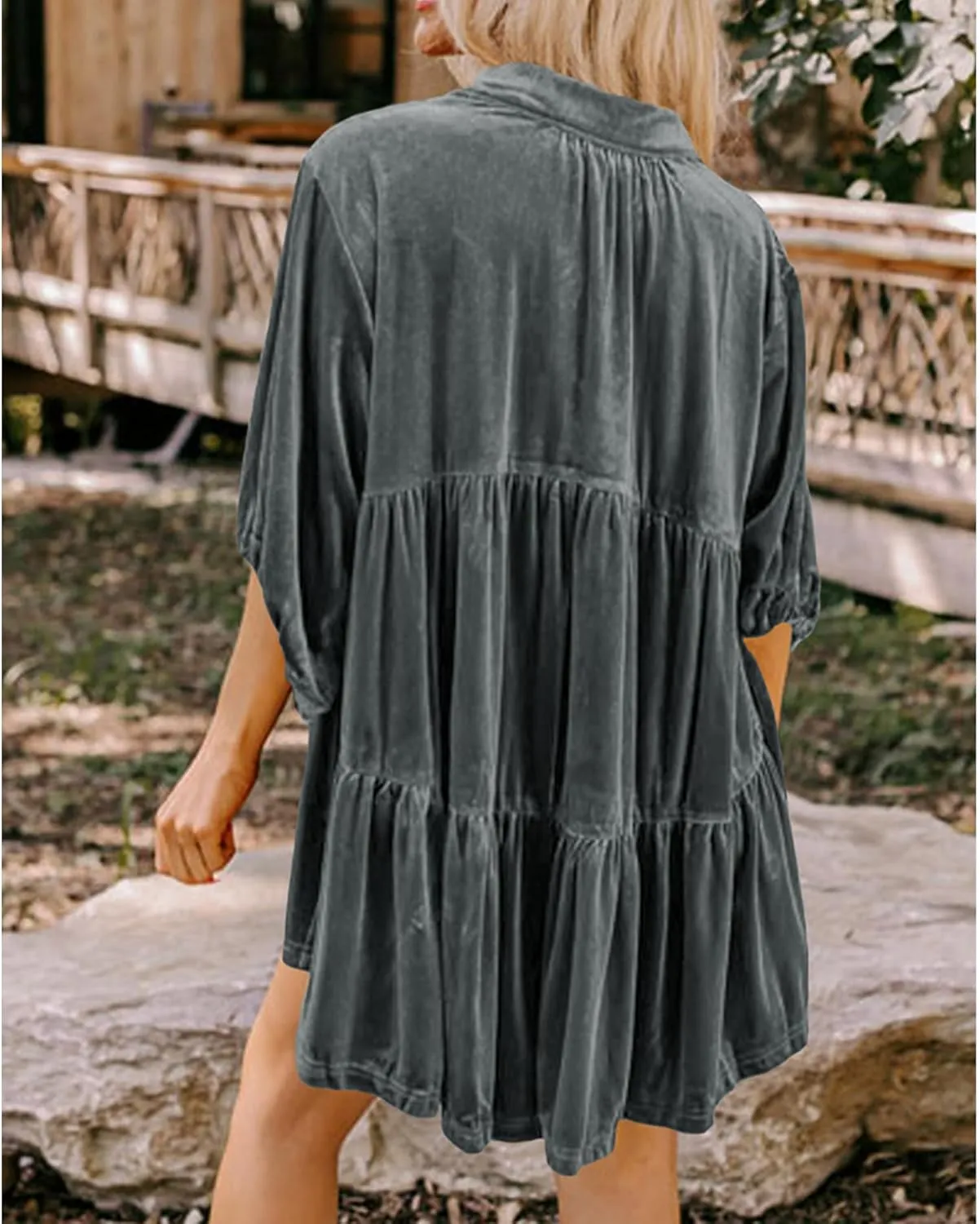 SOMTHRON Women's Velvet Babydoll Mini Dress Button Down T Shirt 3/4 Sleeve Lapel V Neck Tunic Tops