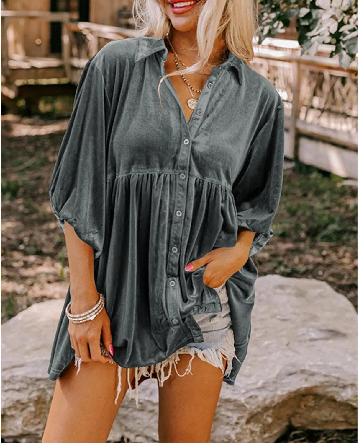 SOMTHRON Women's Velvet Babydoll Mini Dress Button Down T Shirt 3/4 Sleeve Lapel V Neck Tunic Tops
