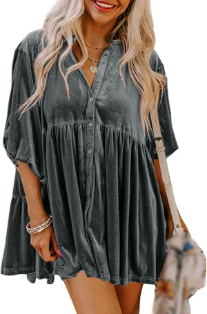 SOMTHRON Women's Velvet Babydoll Mini Dress Button Down T Shirt 3/4 Sleeve Lapel V Neck Tunic Tops