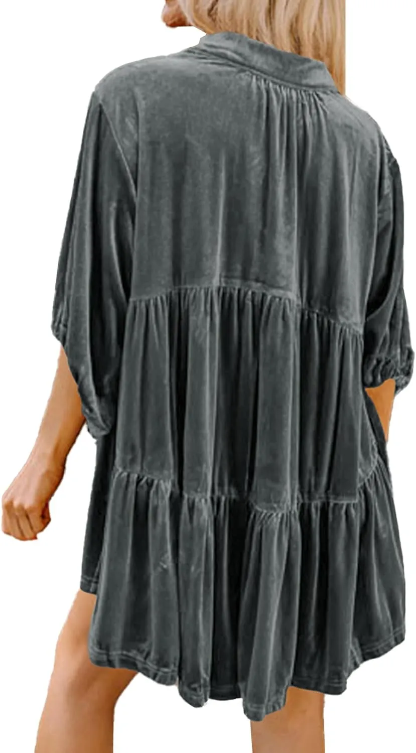 SOMTHRON Women's Velvet Babydoll Mini Dress Button Down T Shirt 3/4 Sleeve Lapel V Neck Tunic Tops