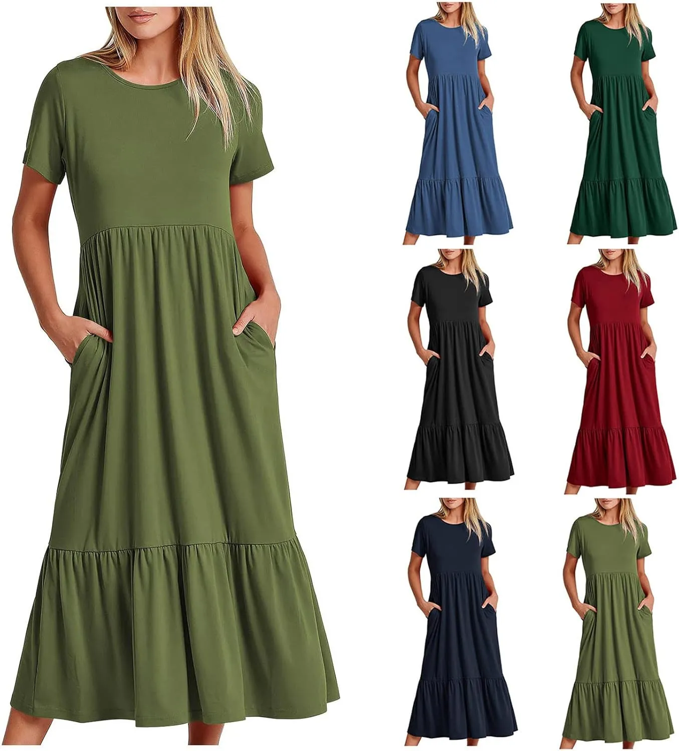 Spring Dresses for Women 2024 Casual Loose Short Sleeve Summer Long Tshirt Dress Flowy Tiered Maxi Beach Sundress