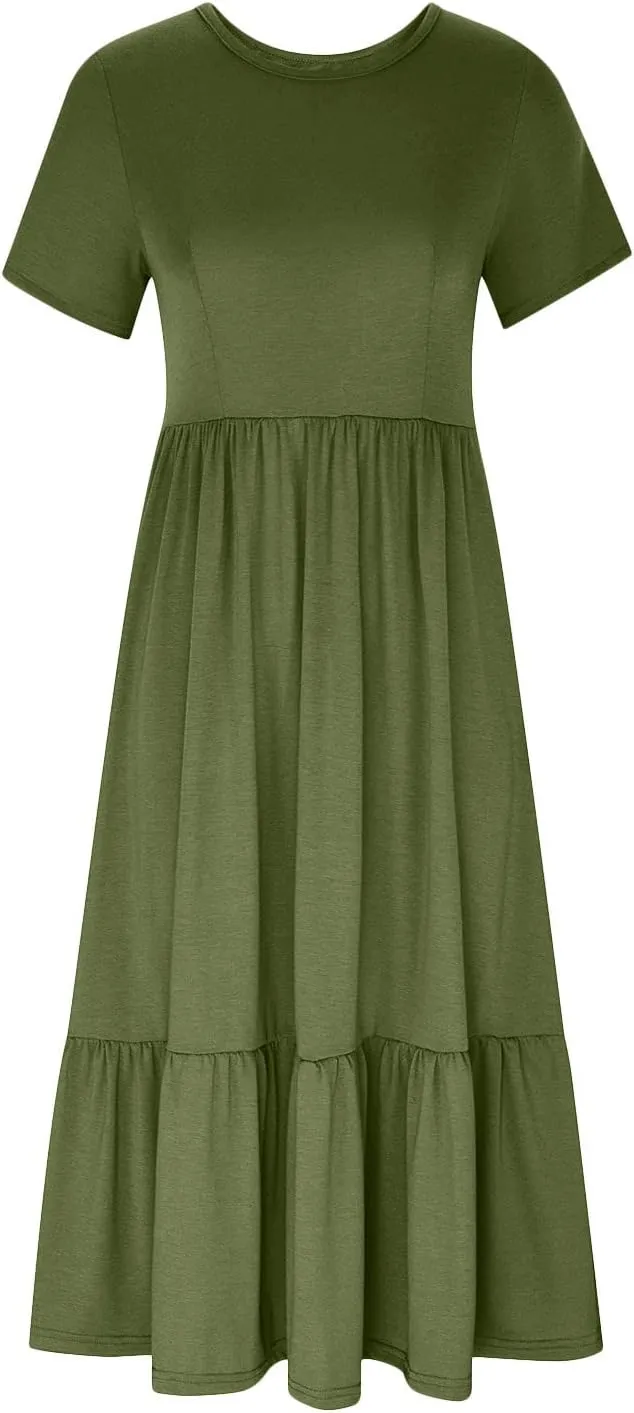 Spring Dresses for Women 2024 Casual Loose Short Sleeve Summer Long Tshirt Dress Flowy Tiered Maxi Beach Sundress