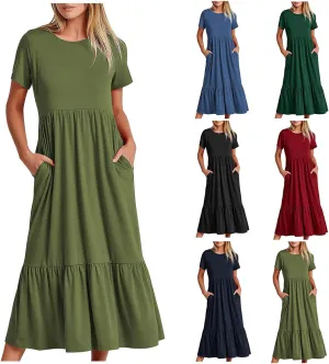 Spring Dresses for Women 2024 Casual Loose Short Sleeve Summer Long Tshirt Dress Flowy Tiered Maxi Beach Sundress