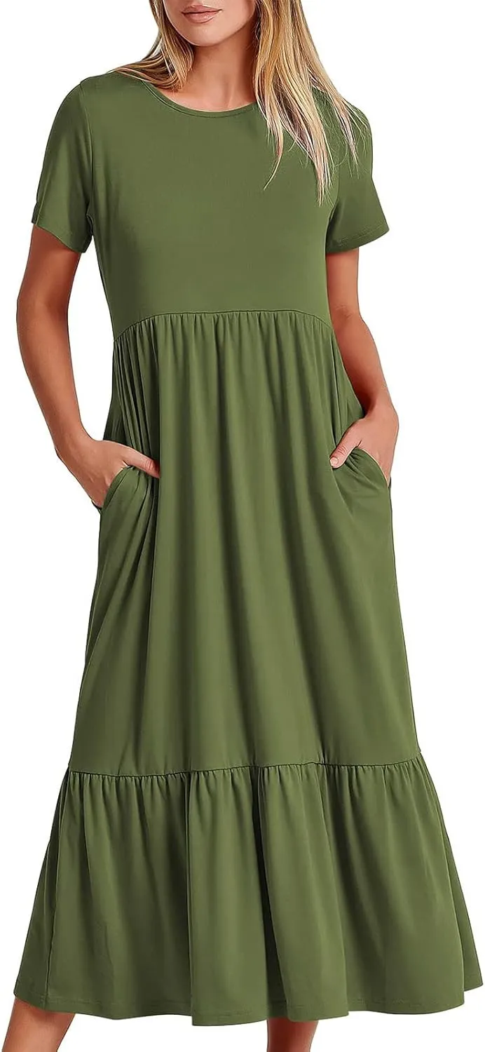 Spring Dresses for Women 2024 Casual Loose Short Sleeve Summer Long Tshirt Dress Flowy Tiered Maxi Beach Sundress