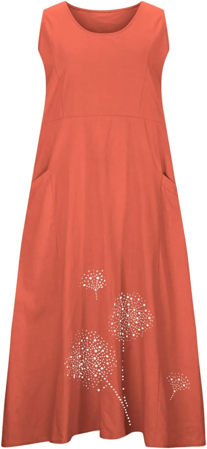 Summer Dresses for Women 2024 Casual Cotton Linen Crewneck Short Sleeve Dress with Pocket Plus Size Boho Long Dress